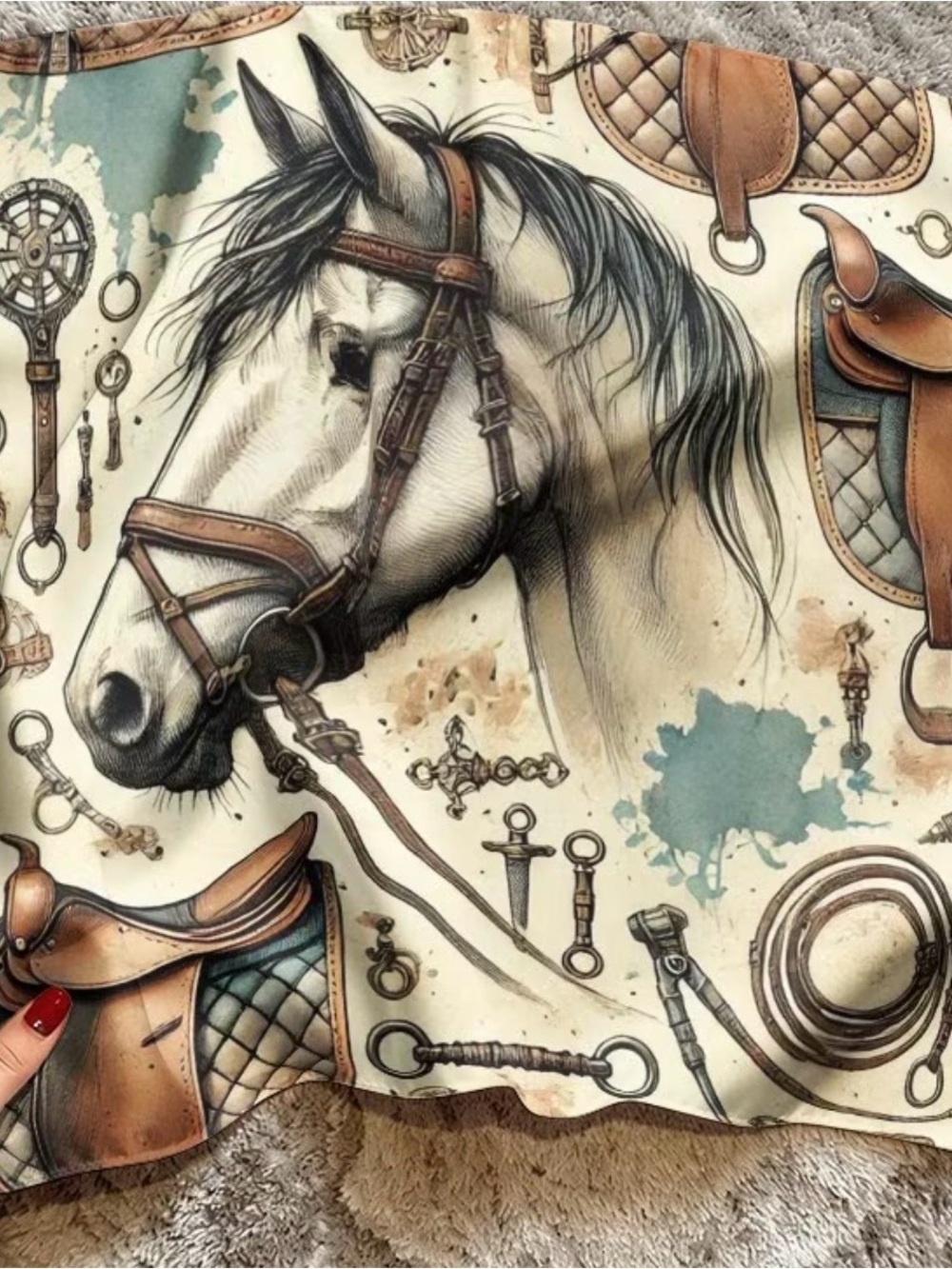 Equestrian Horse Print Silk-Feel Scarf - Cream & Teal
